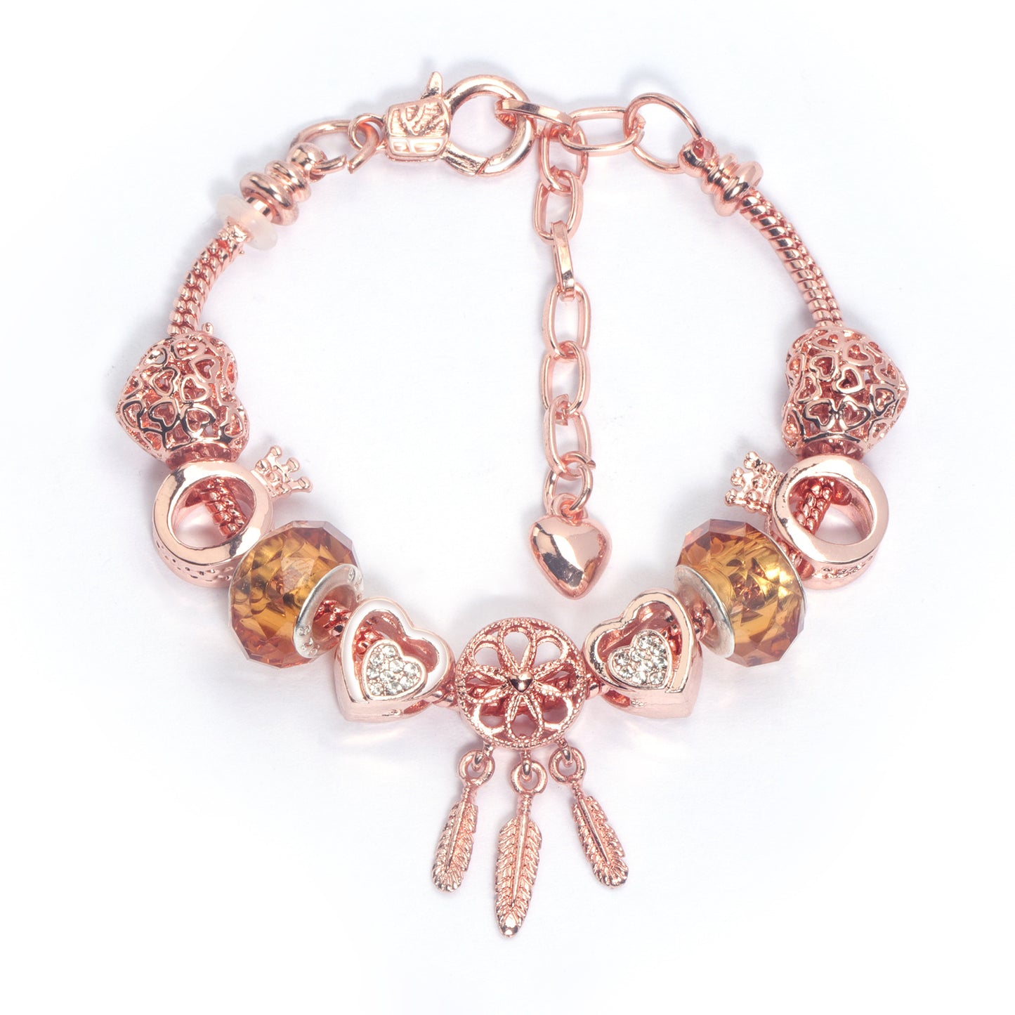 Rose Gold Plated Charm Bracelet with Zircon, Hollow Heart, Flower, Crown & Glass Beads(21cm)
