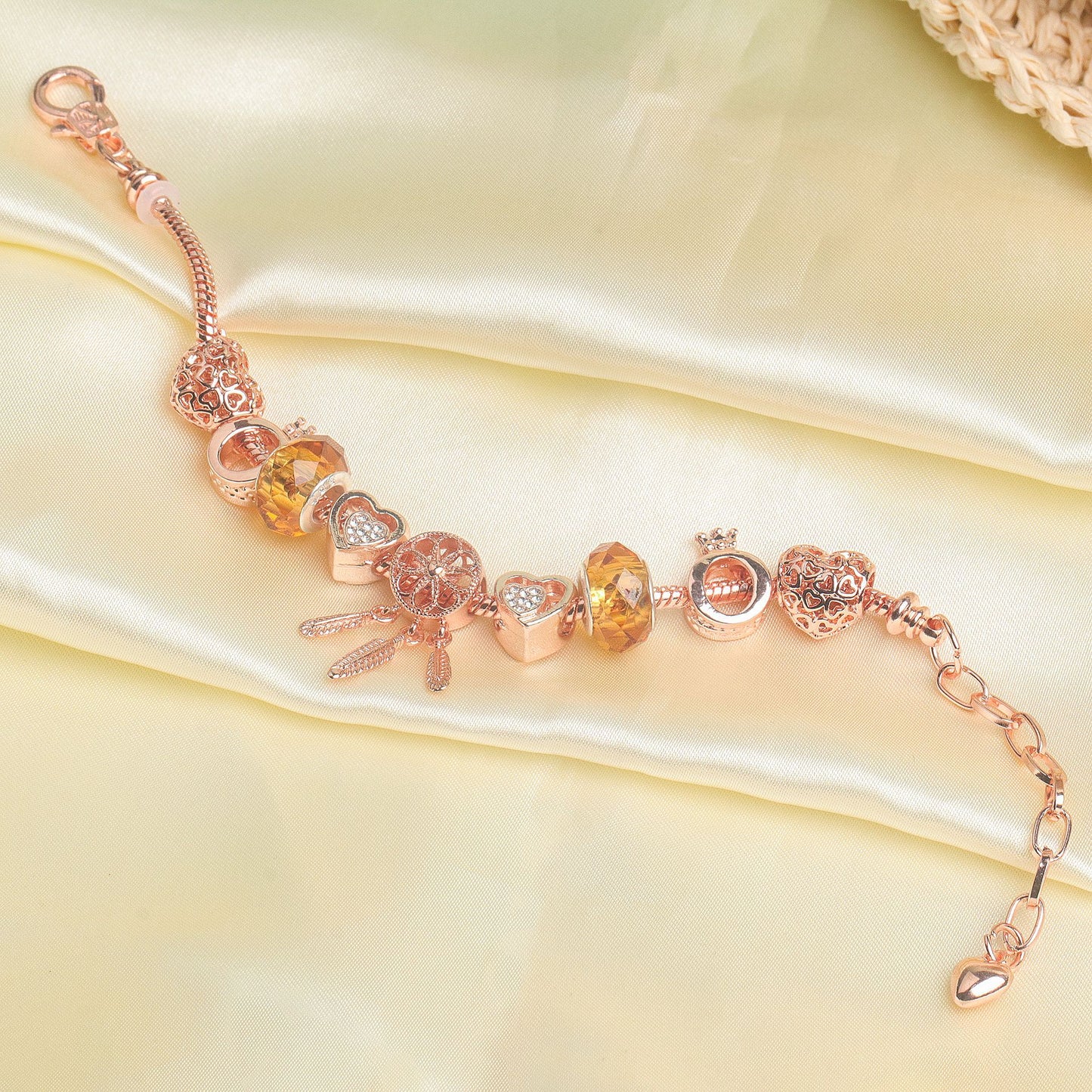 Rose Gold Plated Charm Bracelet with Zircon, Hollow Heart, Flower, Crown & Glass Beads(21cm)