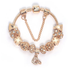 Rose Gold Crystal Charm Bracelet with Clover, Heart, Triangle Beads & Heart Pendant(17cm)