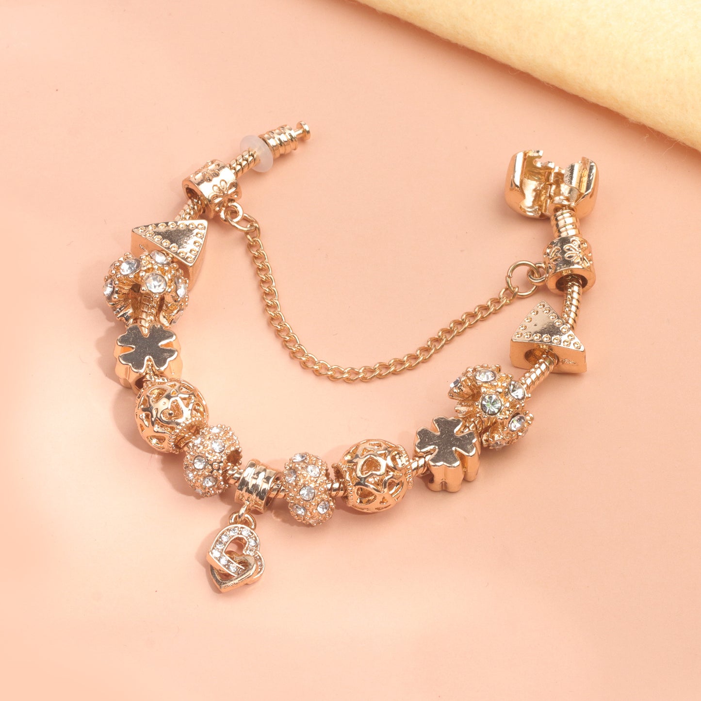 Rose Gold Crystal Charm Bracelet with Clover, Heart, Triangle Beads & Heart Pendant(17cm)