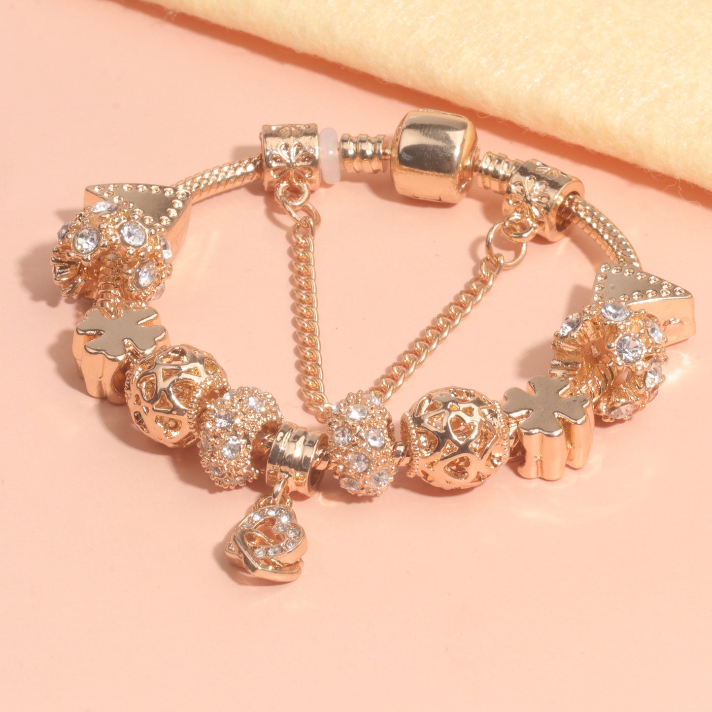 Rose Gold Crystal Charm Bracelet with Clover, Heart, Triangle Beads & Heart Pendant(18cm)
