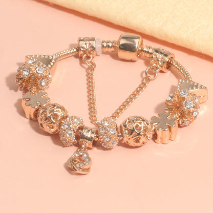 Rose Gold Crystal Charm Bracelet with Clover, Heart, Triangle Beads & Heart Pendant(18cm)