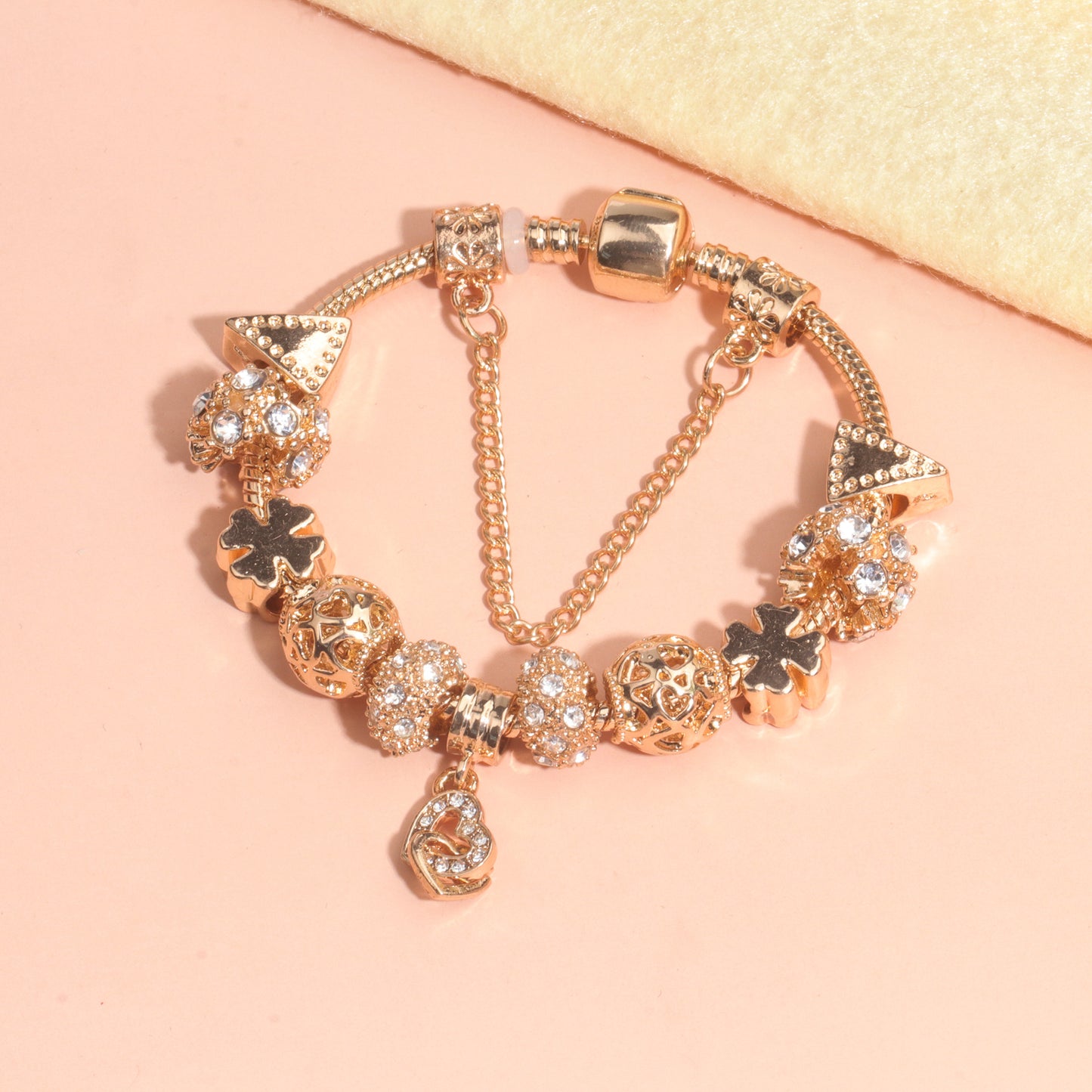 Rose Gold Crystal Charm Bracelet with Clover, Heart, Triangle Beads & Heart Pendant(19cm)