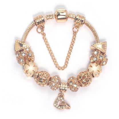 Rose Gold Crystal Charm Bracelet with Clover, Heart, Triangle Beads & Heart Pendant(20cm)