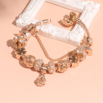 Rose Gold Crystal Charm Bracelet with Clover, Heart, Triangle Beads & Heart Pendant(20cm)
