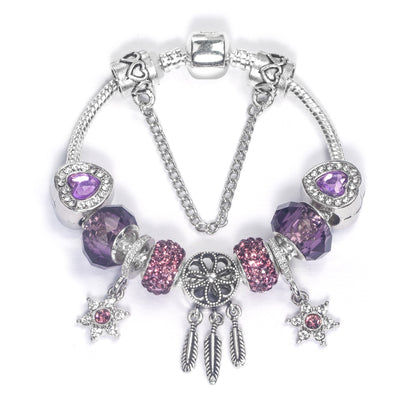 Purple Crystal Beaded Charm Bracelet with Star & Dreamcatcher Pendant, Rhinestone-Embedded DIY Alloy Bracelet(17cm)