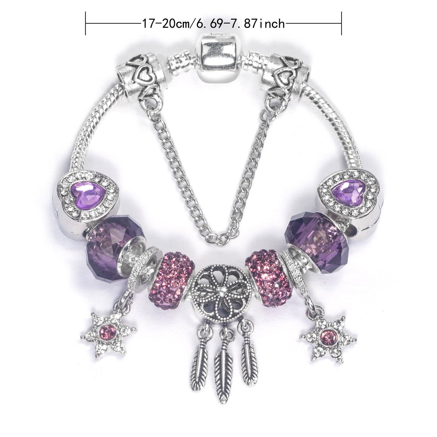 Purple Crystal Beaded Charm Bracelet with Star & Dreamcatcher Pendant, Rhinestone-Embedded DIY Alloy Bracelet(17cm)