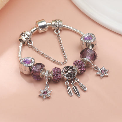 Purple Crystal Beaded Charm Bracelet with Star & Dreamcatcher Pendant, Rhinestone-Embedded DIY Alloy Bracelet(17cm)