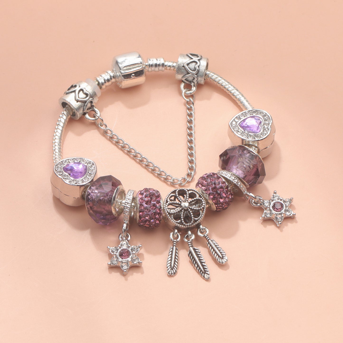Purple Crystal Beaded Charm Bracelet with Star & Dreamcatcher Pendant, Rhinestone-Embedded DIY Alloy Bracelet(17cm)