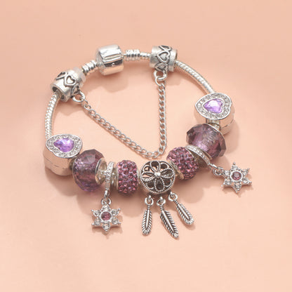 Purple Crystal Beaded Charm Bracelet with Star & Dreamcatcher Pendant, Rhinestone-Embedded DIY Alloy Bracelet(17cm)