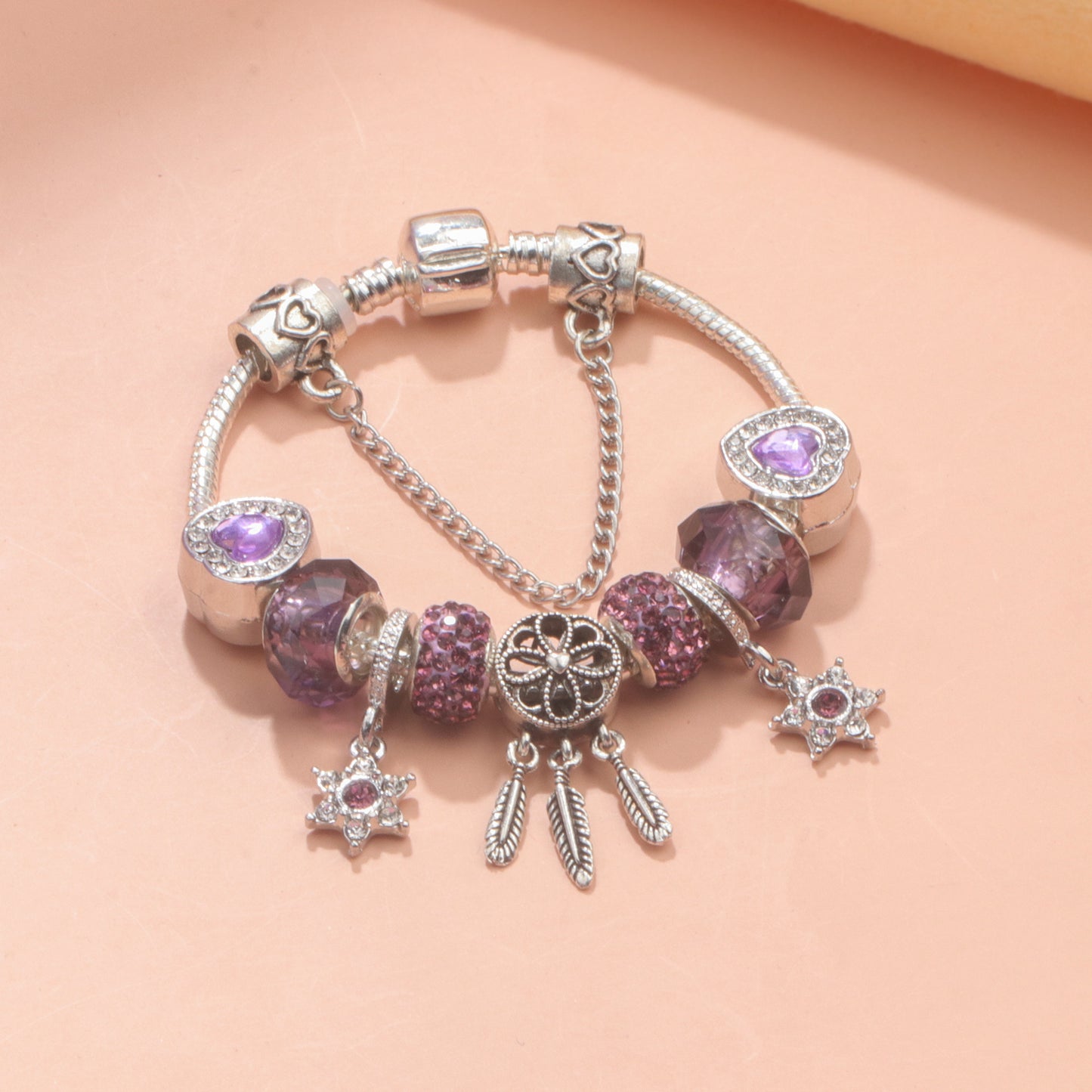 Purple Crystal Beaded Charm Bracelet with Star & Dreamcatcher Pendant, Rhinestone-Embedded DIY Alloy Bracelet(18cm)