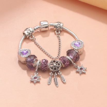Purple Crystal Beaded Charm Bracelet with Star & Dreamcatcher Pendant, Rhinestone-Embedded DIY Alloy Bracelet(18cm)