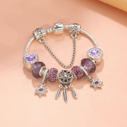 Purple Crystal Beaded Charm Bracelet with Star & Dreamcatcher Pendant, Rhinestone-Embedded DIY Alloy Bracelet(19cm)