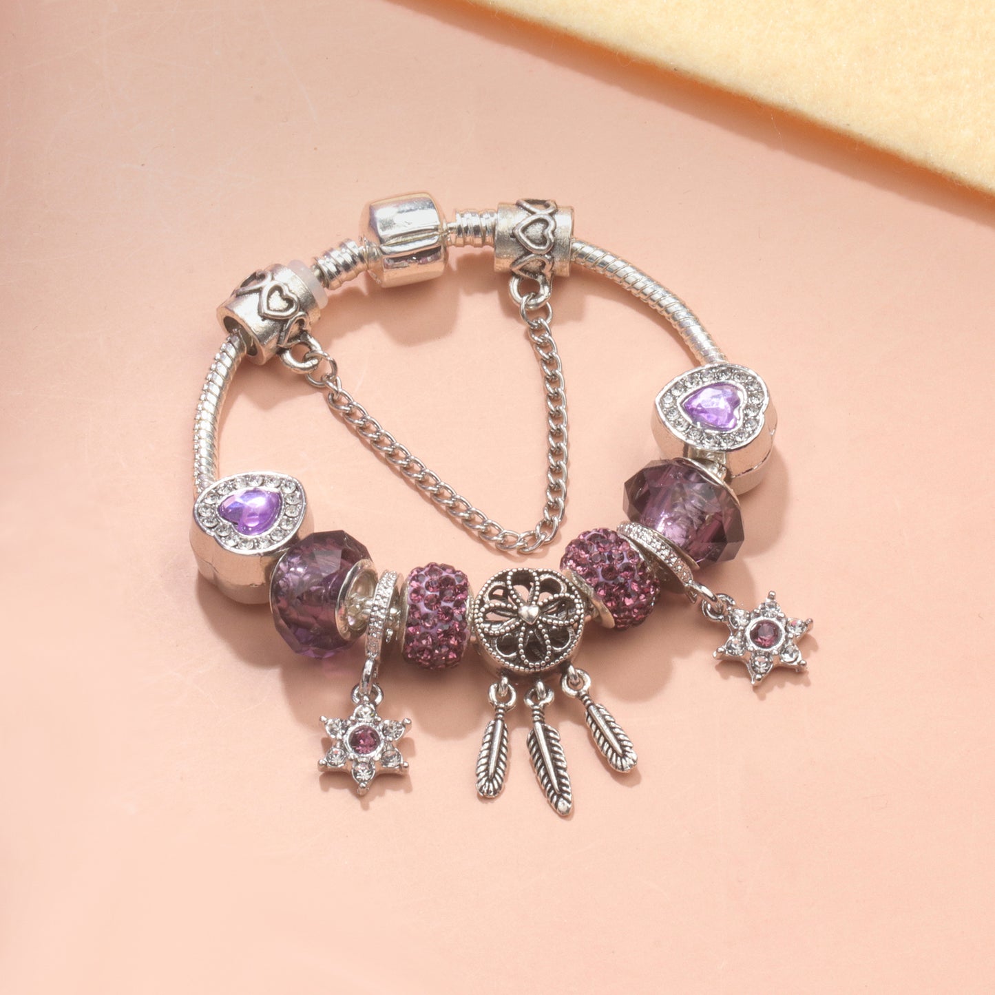 Purple Crystal Beaded Charm Bracelet with Star & Dreamcatcher Pendant, Rhinestone-Embedded DIY Alloy Bracelet(20cm)
