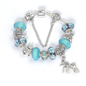 Vintage Water Glass Rhinestone Heart Crown Beaded Unicorn Pendant DIY Bracelet(18cm)