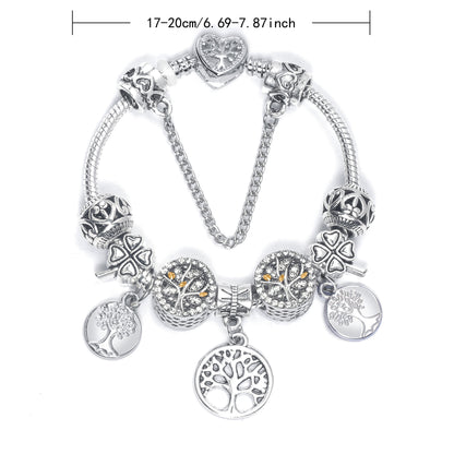 Vintage Silver Tree of Life CZ Four - Leaf Clover Charm Bead DIY Bracelet, Retro Style(17cm)