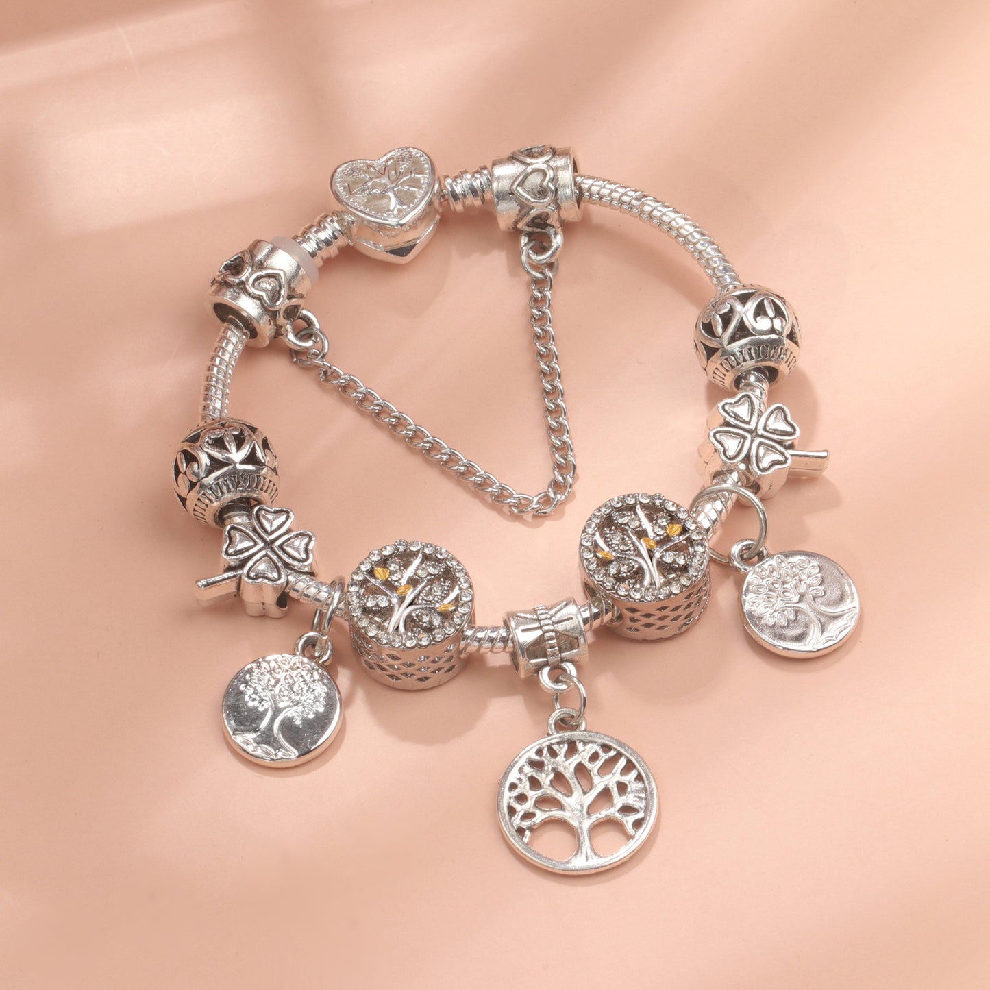 Vintage Silver Tree of Life CZ Four - Leaf Clover Charm Bead DIY Bracelet, Retro Style(17cm)