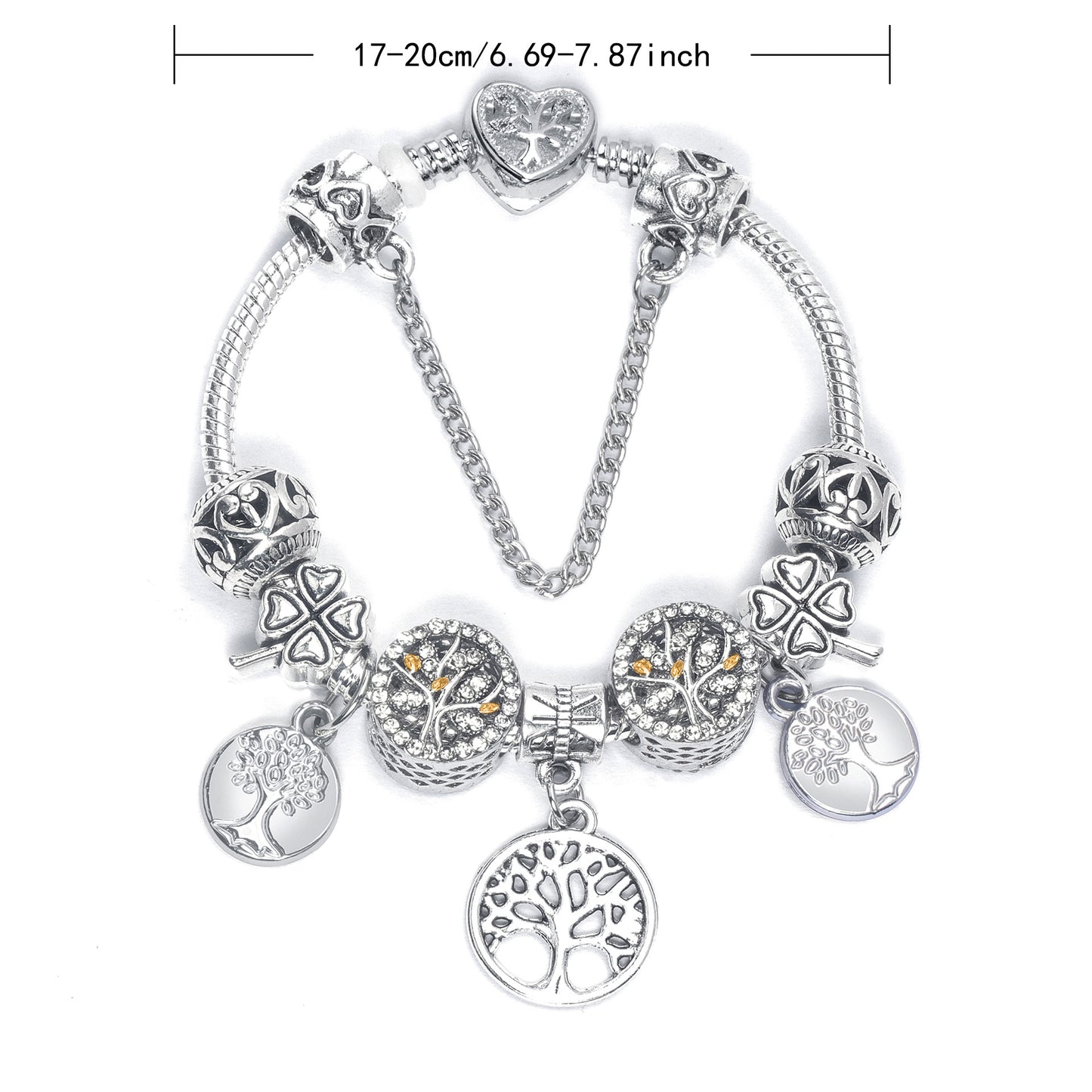 Vintage Silver Tree of Life CZ Four - Leaf Clover Charm Bead DIY Bracelet, Retro Style(19cm)