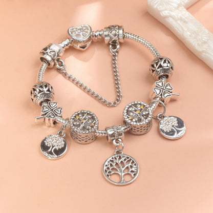 Vintage Silver Tree of Life CZ Four - Leaf Clover Charm Bead DIY Bracelet, Retro Style(19cm)