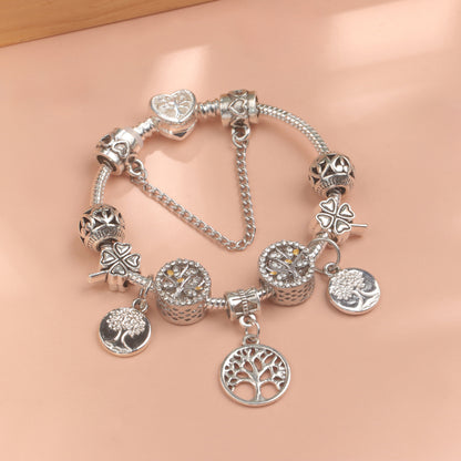 Vintage Silver Tree of Life CZ Four - Leaf Clover Charm Bead DIY Bracelet, Retro Style(19cm)