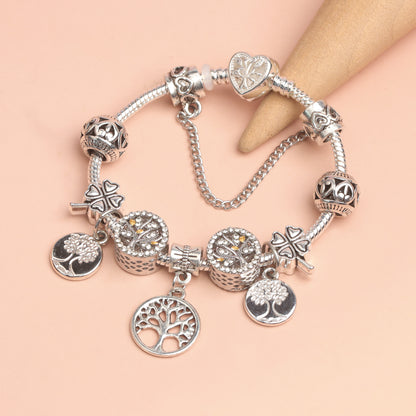 Vintage Silver Tree of Life CZ Four - Leaf Clover Charm Bead DIY Bracelet, Retro Style(19cm)