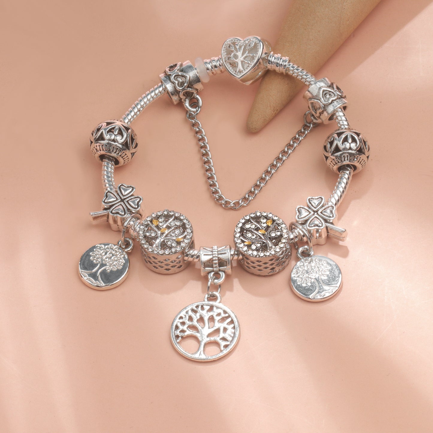 Vintage Silver Tree of Life CZ Four - Leaf Clover Charm Bead DIY Bracelet, Retro Style(19cm)