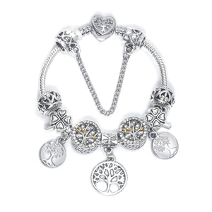 Vintage Silver Tree of Life CZ Four - Leaf Clover Charm Bead DIY Bracelet, Retro Style(20cm)