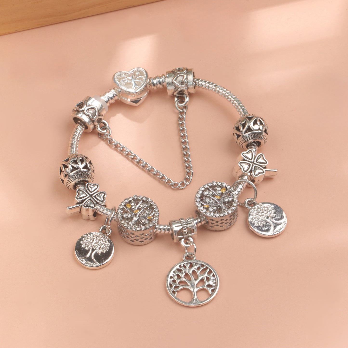 Vintage Silver Tree of Life CZ Four - Leaf Clover Charm Bead DIY Bracelet, Retro Style(20cm)