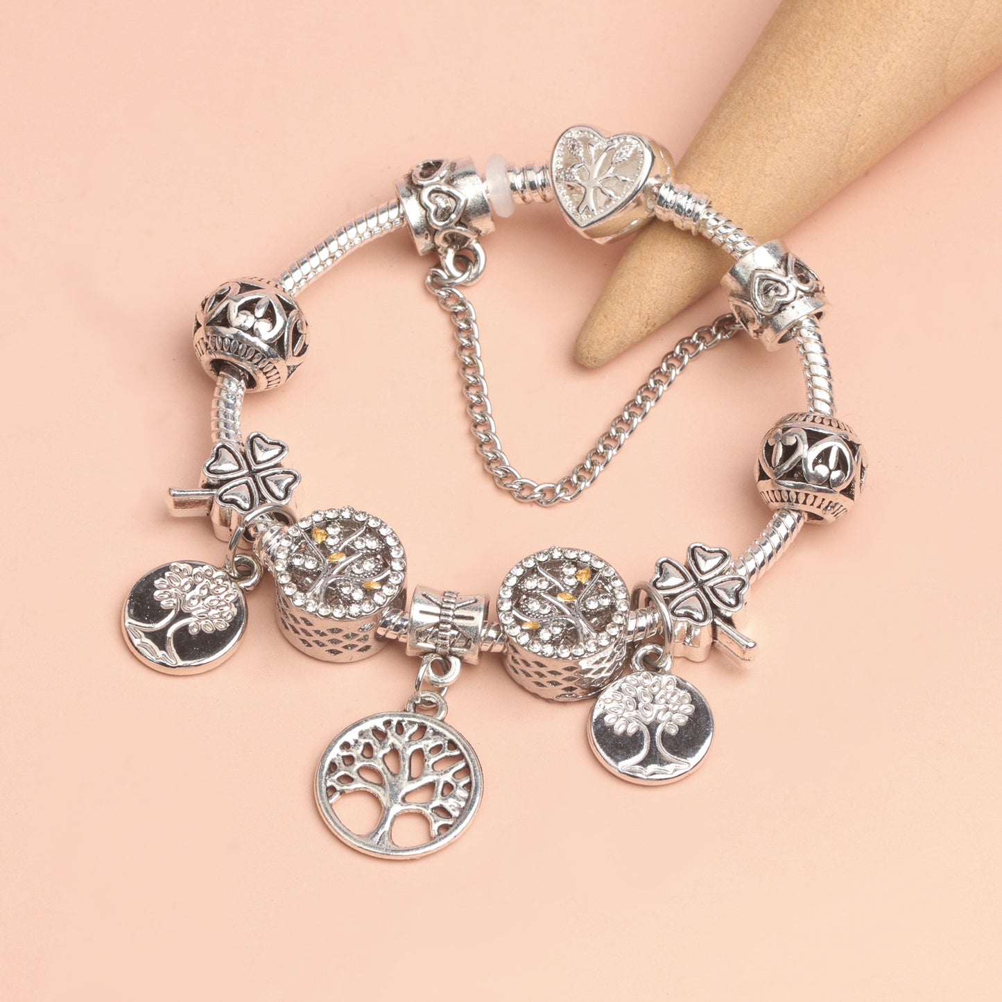 Vintage Silver Tree of Life CZ Four - Leaf Clover Charm Bead DIY Bracelet, Retro Style(20cm)