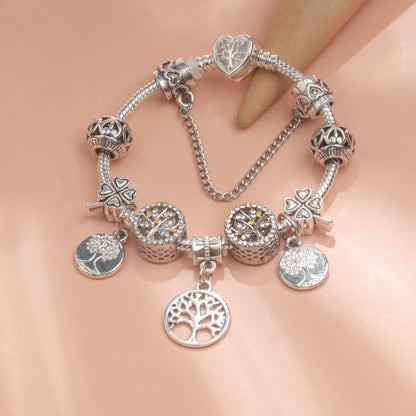 Vintage Silver Tree of Life CZ Four - Leaf Clover Charm Bead DIY Bracelet, Retro Style(20cm)