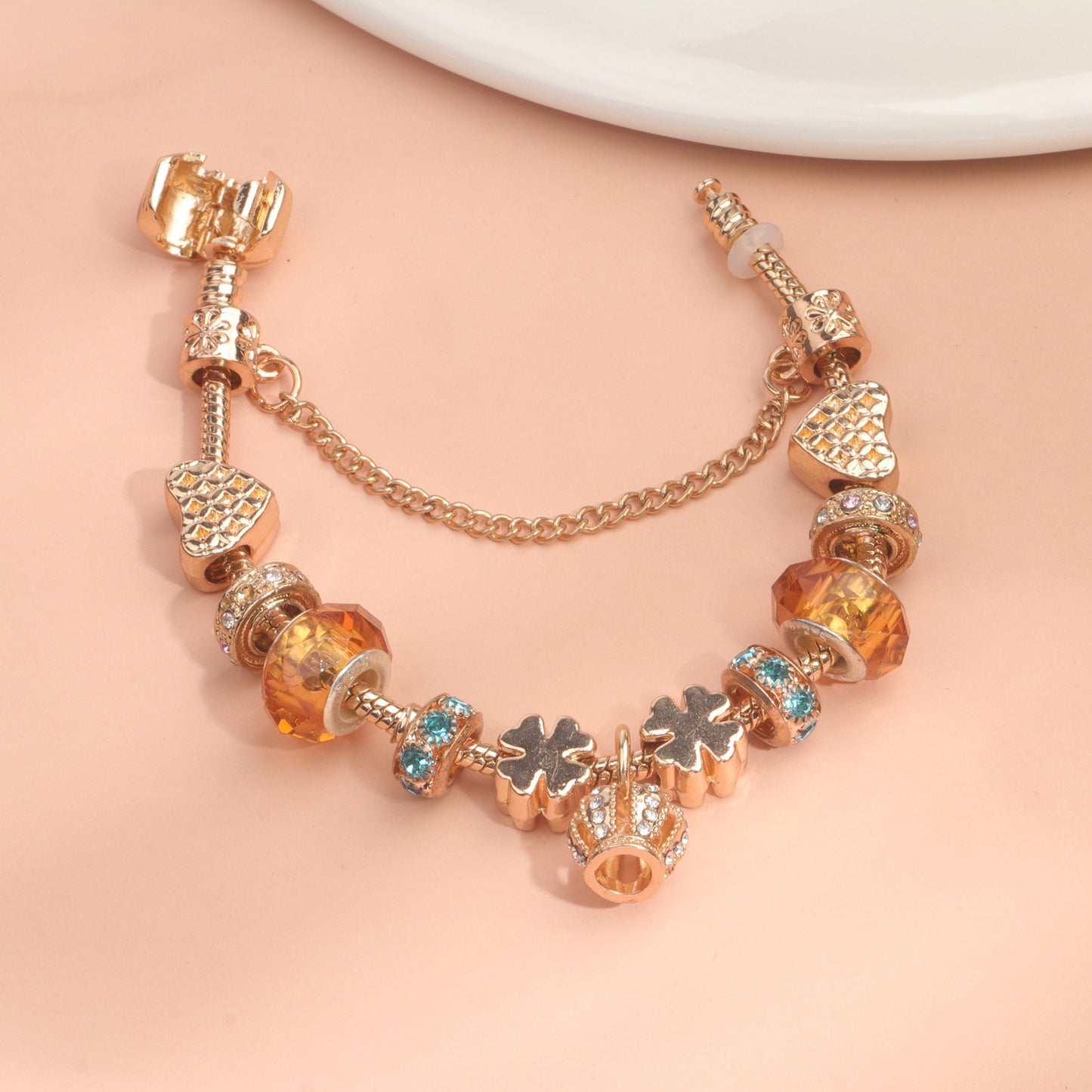 Rhinestone Gold Heart Glass Beaded Bracelet with Crown Pendant(17cm)