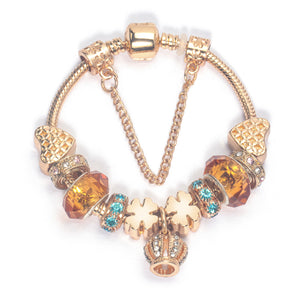 Rhinestone Gold Heart Glass Beaded Bracelet with Crown Pendant(18cm)