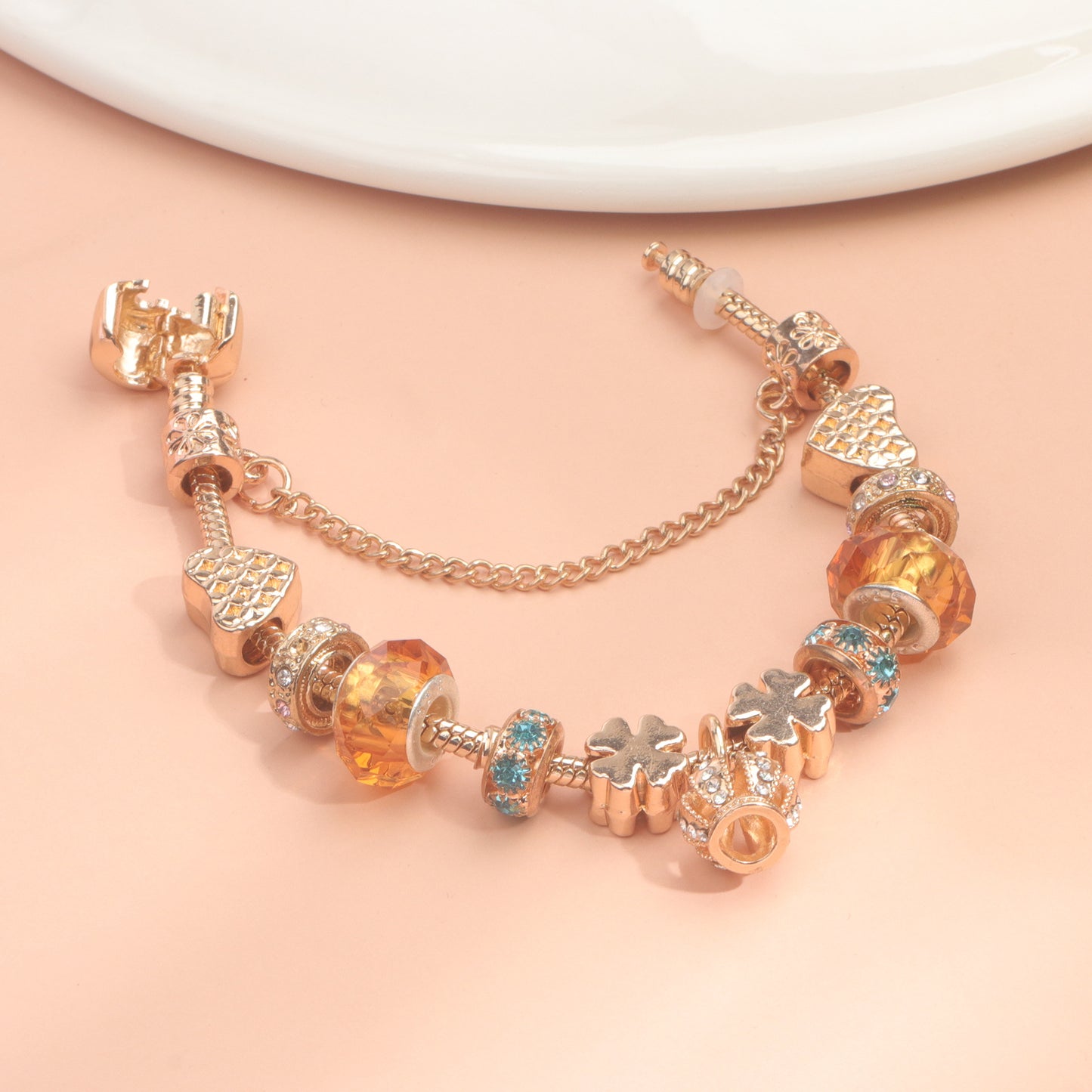 Rhinestone Gold Heart Glass Beaded Bracelet with Crown Pendant(18cm)