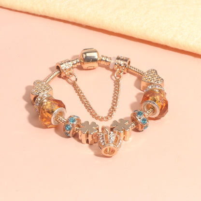 Rhinestone Gold Heart Glass Beaded Bracelet with Crown Pendant(19cm)