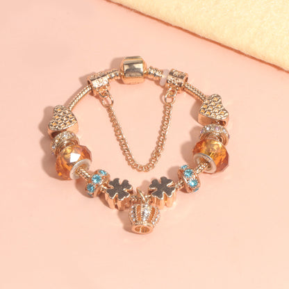 Rhinestone Gold Heart Glass Beaded Bracelet with Crown Pendant(20cm)