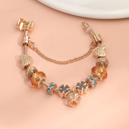 Rhinestone Gold Heart Glass Beaded Bracelet with Crown Pendant(20cm)