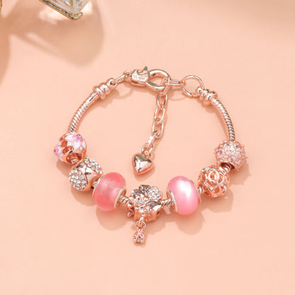 Rose Gold Beaded Bracelet with Floral & Zircon Accents(20cm)