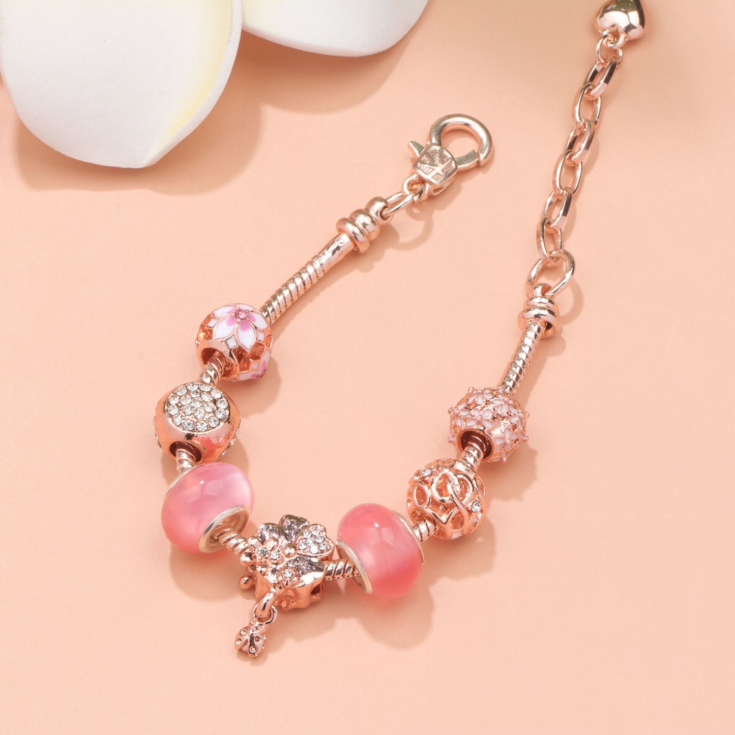 Rose Gold Beaded Bracelet with Floral & Zircon Accents(20cm)