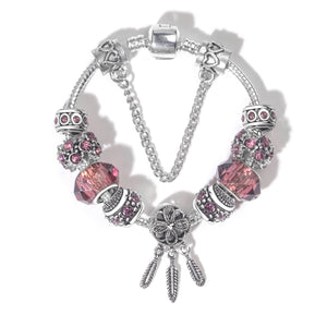 Rose Red Rhinestone Big Hole Beaded Bracelet, Alloy Electroplated(17cm)