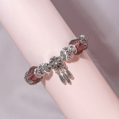 Rose Red Rhinestone Big Hole Beaded Bracelet, Alloy Electroplated(17cm)