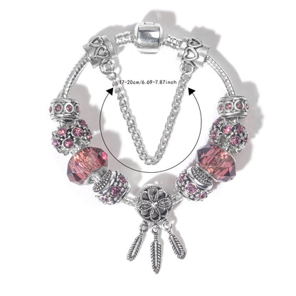Rose Red Rhinestone Big Hole Beaded Bracelet, Alloy Electroplated(18cm)