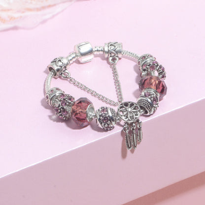 Rose Red Rhinestone Big Hole Beaded Bracelet, Alloy Electroplated(18cm)
