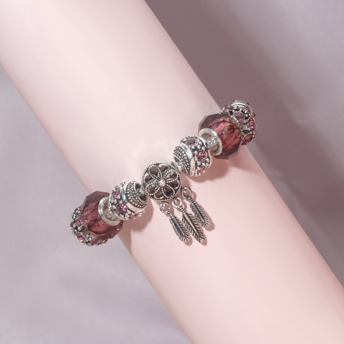 Rose Red Rhinestone Big Hole Beaded Bracelet, Alloy Electroplated(18cm)