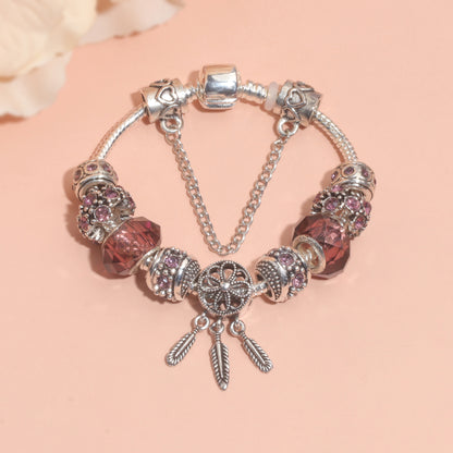 Rose Red Rhinestone Big Hole Beaded Bracelet, Alloy Electroplated(19cm)