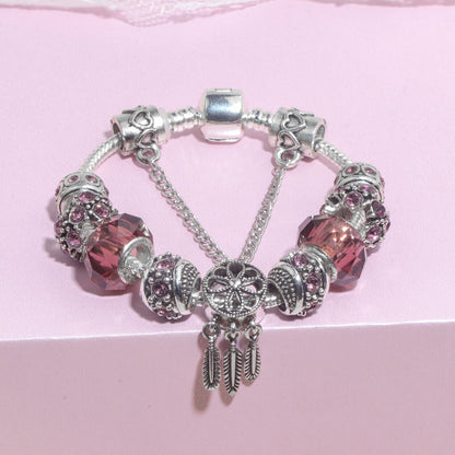 Rose Red Rhinestone Big Hole Beaded Bracelet, Alloy Electroplated(19cm)