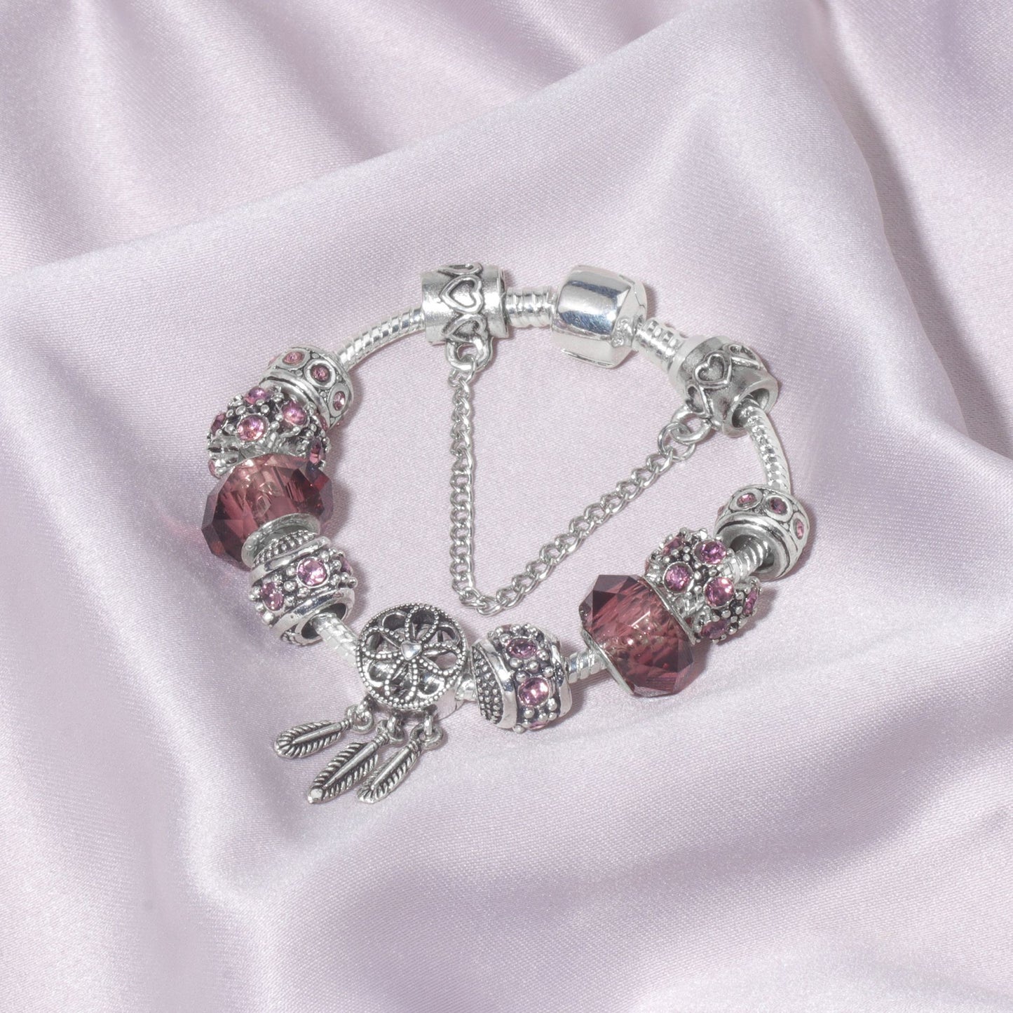 Rose Red Rhinestone Big Hole Beaded Bracelet, Alloy Electroplated(19cm)