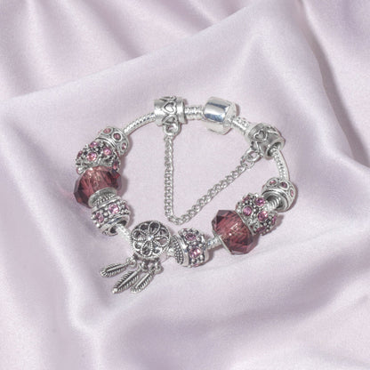 Rose Red Rhinestone Big Hole Beaded Bracelet, Alloy Electroplated(19cm)