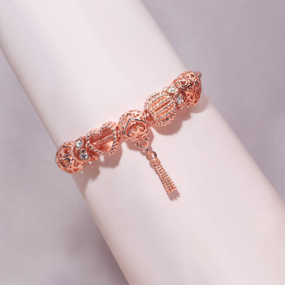 Rose Gold Hollow Carved Heart Bead Tassel Bracelet(16cm)