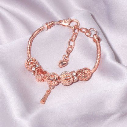 Rose Gold Hollow Carved Heart Bead Tassel Bracelet(16cm)