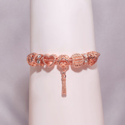 Rose Gold Hollow Carved Heart Bead Tassel Bracelet(18cm)